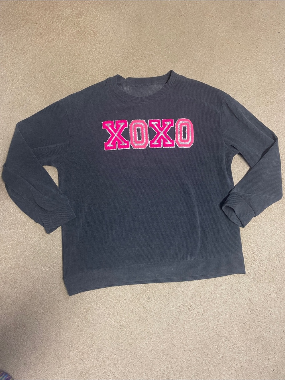 Crewneck Sweater in Navy with Pink XOXO Appliqué